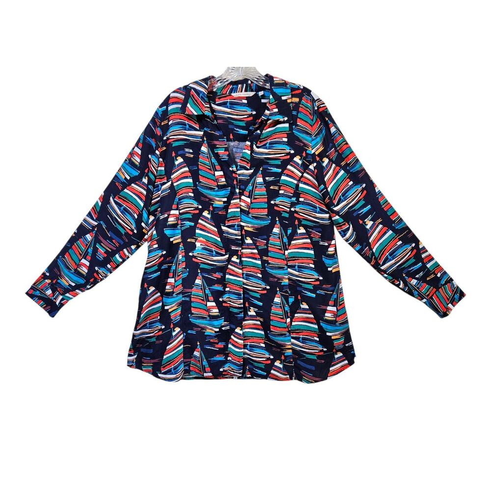 SOFT SURROUNDINGS Women L Sail Away Tunic Blouse Sail Boats Navy Red Buttons 44"